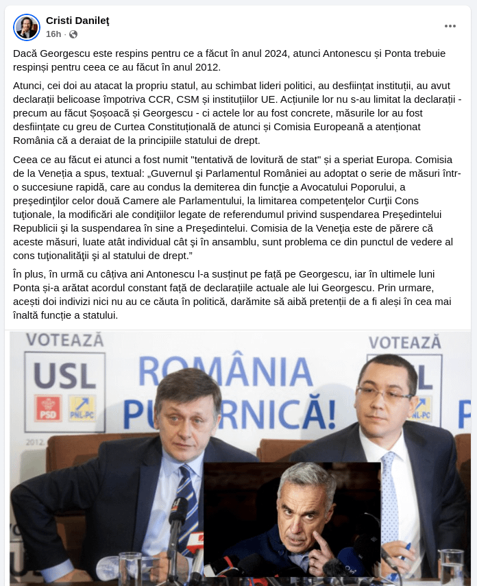 Cristi Danilet- 2024年に彼がしたことに対してGeorgescuが拒否された場合、AntonescuとPontaは2012年に行ったことで拒否されなければなりません