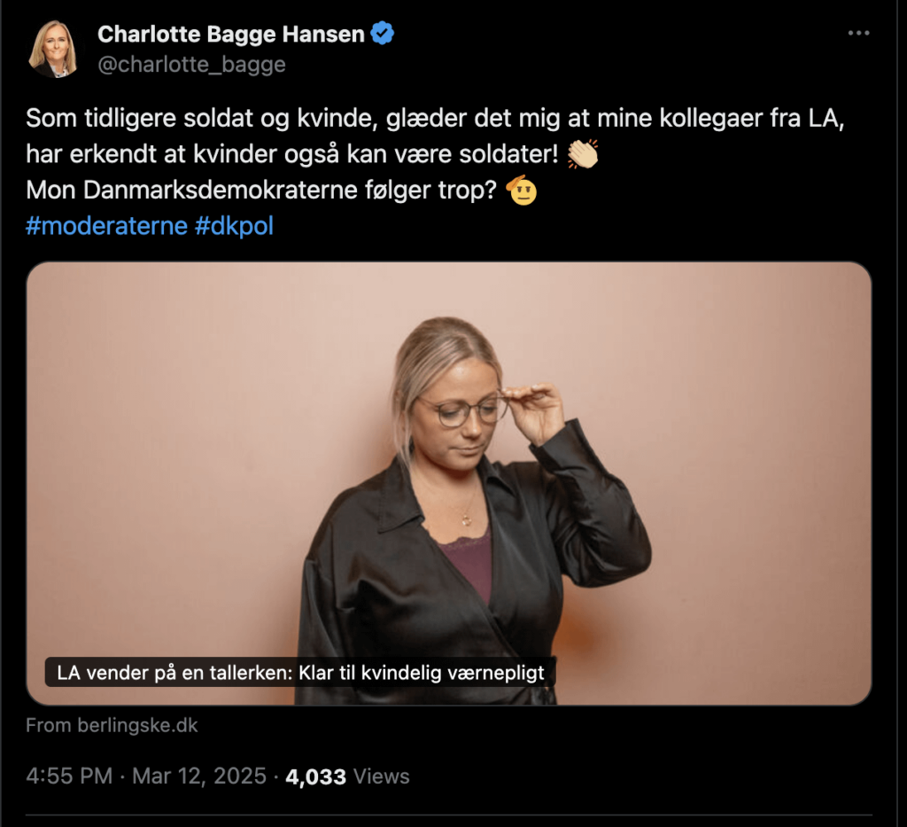 シャーロット・バッジ・ハンセン（M）MP穏健派：「LAの同僚が女性も兵士になることができることを認めたことを嬉しく思います！
