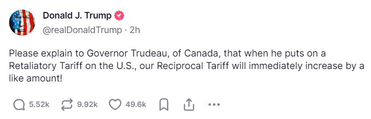 トランプは、米国からのレートに応じて報復率を課す国の料金が増加すると述べています