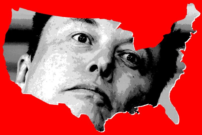Collage of Elon Musk's face within the shape of the United States