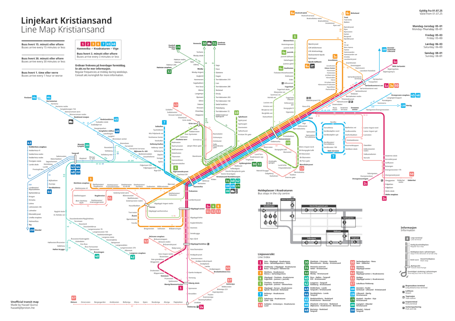 [OC] 2025年7月からのKristiansandの完全なバスマップ