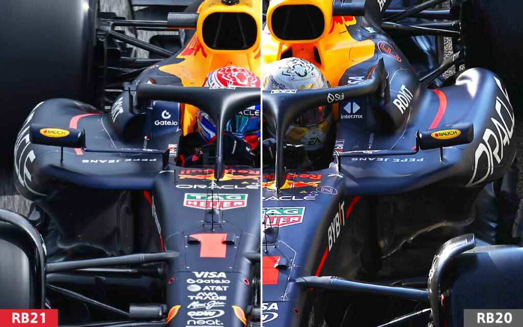レッドブル・レーシングの2025年型F1マシン「RB21」と2024年型「RB20」のサイドポッド・エンジンカバーの比較