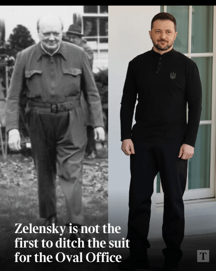 「ゼレンスキーは、楕円形のオフィスのスーツを捨てる最初の人ではありません。チャーチルは1944年にドワイトアイゼンハワー将軍に会うためにサイレンスーツを着ていました」