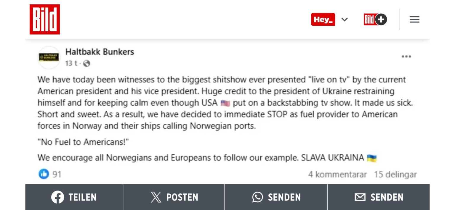ノルウェーの石油会社は米国海軍を燃料補給することを拒否します - トランプのため