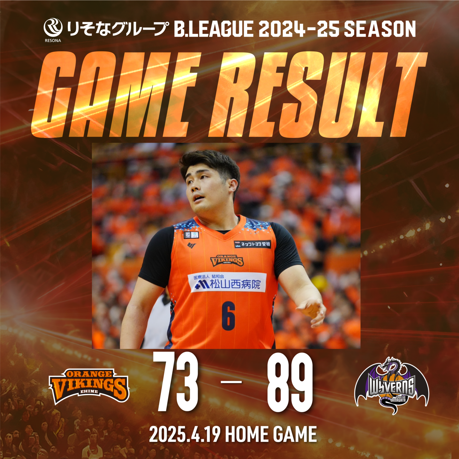 【試合結果】4/19(土) vs山形ワイヴァンズ | 愛媛オレンジバイキングス