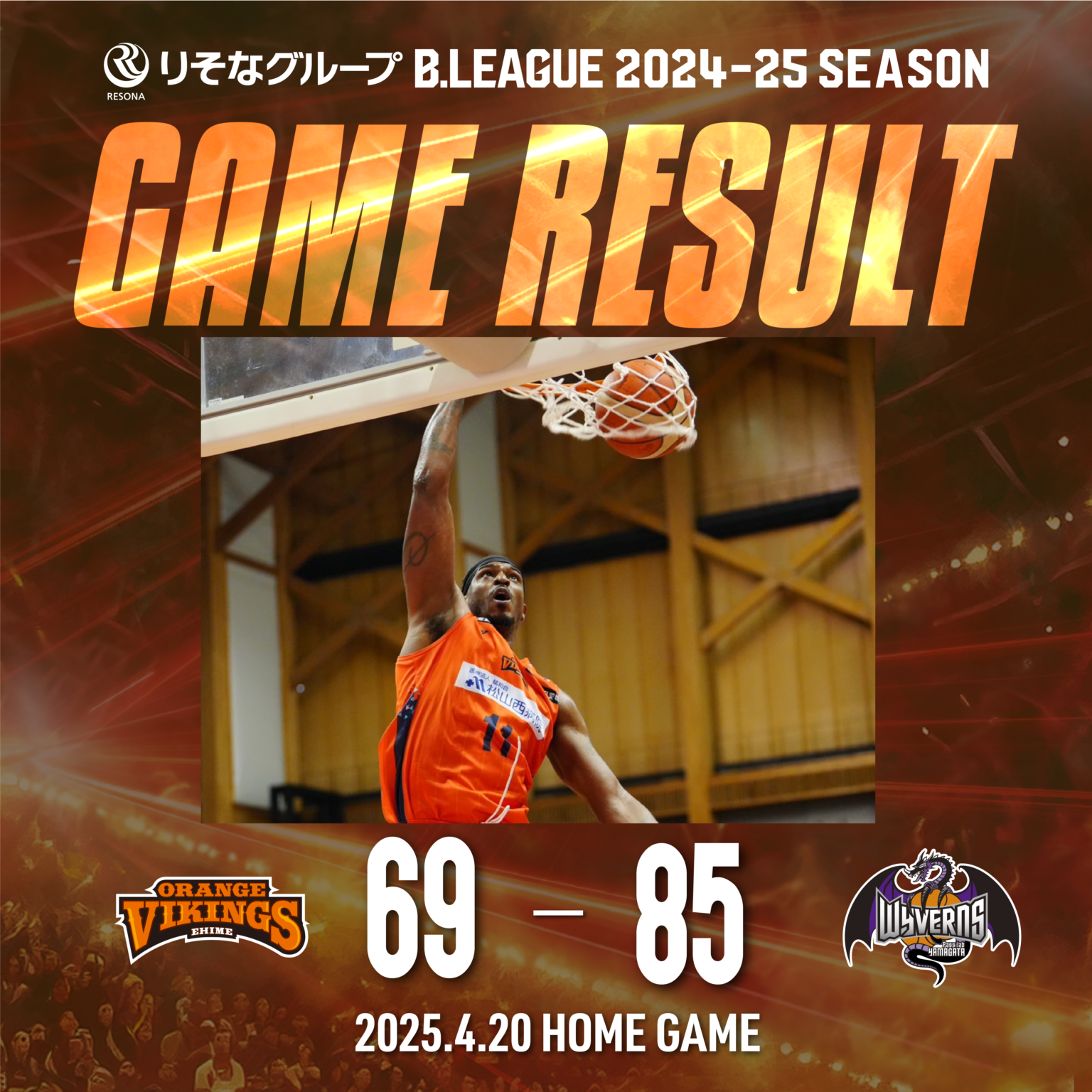 【試合結果】4/20(日) vs山形ワイヴァンズ | 愛媛オレンジバイキングス