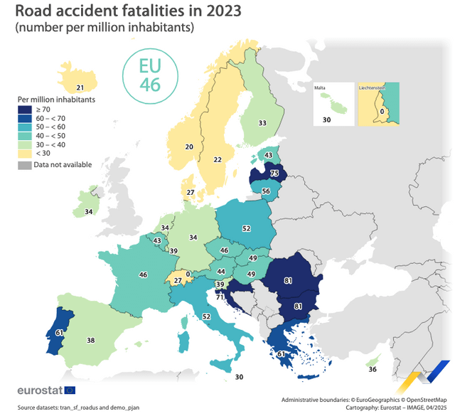 道路事故の死亡 - 一人当たりのEU諸国のデータと絶対的なデータ（2023年のイタリアでの3,039人の死亡）
