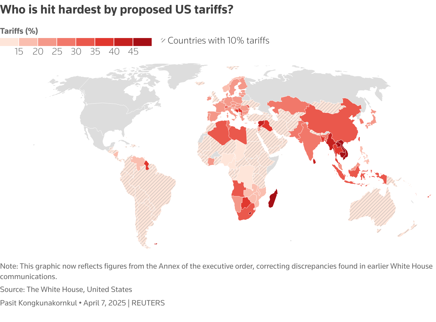 This map shows the percentage of reciprocal tariffs imposed by the U.S. administration on each economy.