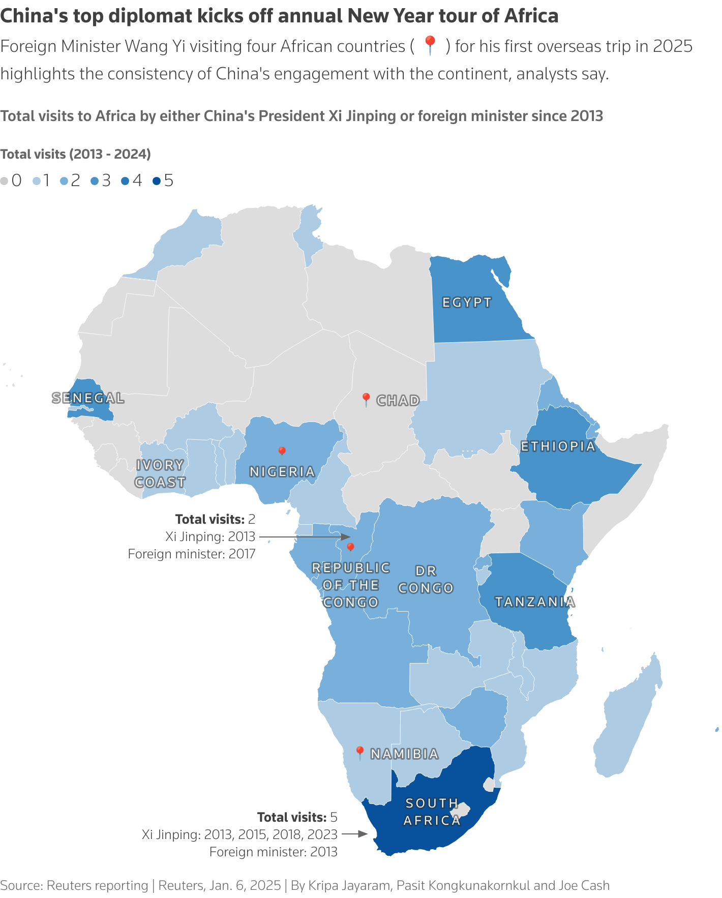 The map shows country-wise total visits to Africa by either China's President Xi Jinping or foreign minister since 2013.