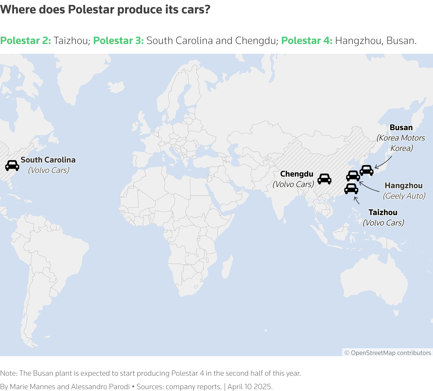 Map with markers that look like cars showing where Polestar cars are manufactured, locations are in Charleston (USA), Chengdu, Taizhou, and Hangzhou (China), Busan (Korea).