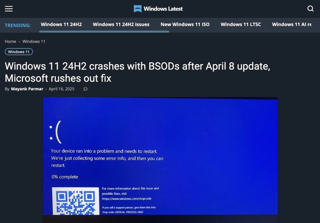 Windows 11 24H2でブルースクリーンが発生、Microsoftは修正中 | TECH+（テックプラス）