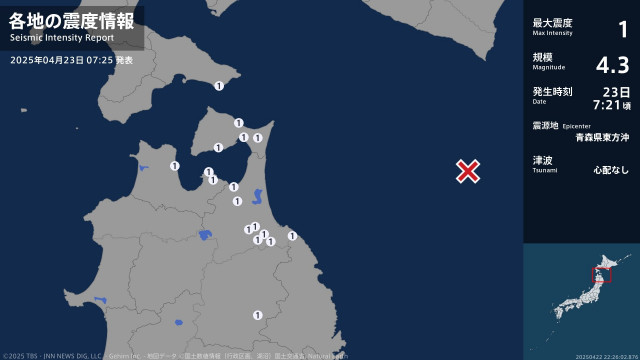 北海道、青森県、岩手県で最大震度1の地震　北海道・函館市、青森県・平内町、外ヶ浜町、八戸市、野辺地町