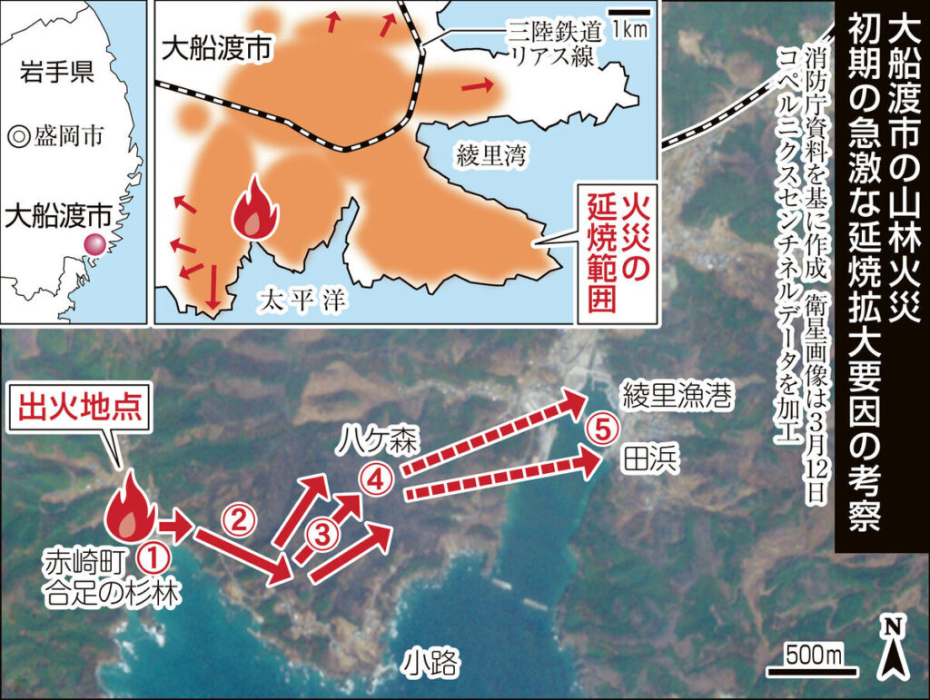 2時間で一気に600ヘクタール焼失か 岩手・大船渡の大規模山林火災 大量の火の粉が飛んで延焼広める - 河北新報オンライン