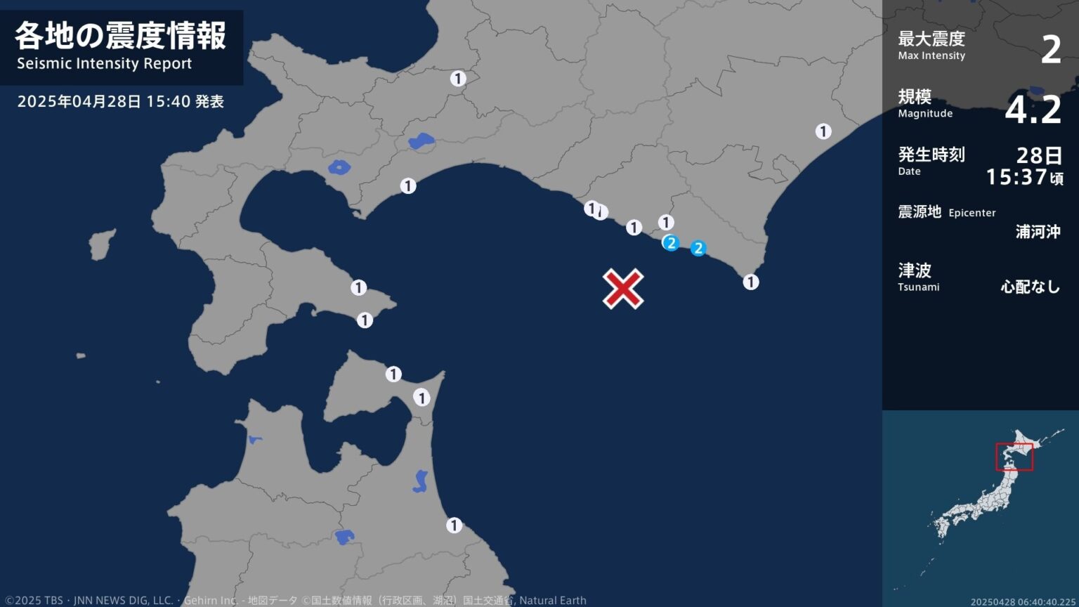 北海道で最大震度2の地震 北海道・浦河町、様似町(TBS NEWS DIG Powered by JNN) 北海道で最大震度2の地震 北海道・浦河町、様似町(TBS NEWS DIG Powered by JNN)