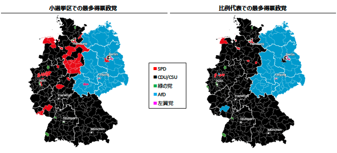 図3：第21回（2025年）ドイツ連邦共和国総選挙における最多得票政党（地域別）