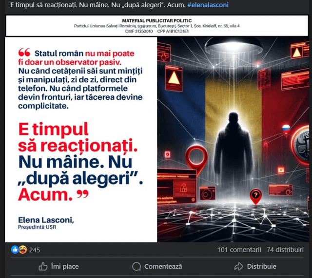 Elena Lasconi：「Predoiu氏、秋、あなたは投票のために自宅の人々に警察を送りました。今、ロシアを称賛し、あなた自身の国に対する暴力を扇動するウイルスのメッセージがあるとき、あなたは何をしますか？」