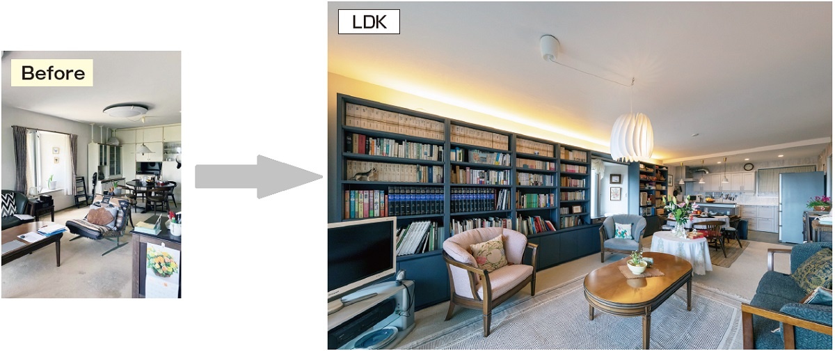 ナサホーム　濃紺の造作本棚の上には間接照明を仕込んだ