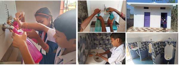 飲料用給水施設（左、中上）、男女別のトイレ（中下、右）