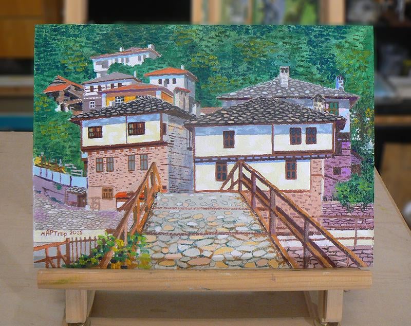Shiroka Luka Village。段ボールのオイル。 21 x 29.7 cm。今年描いた。