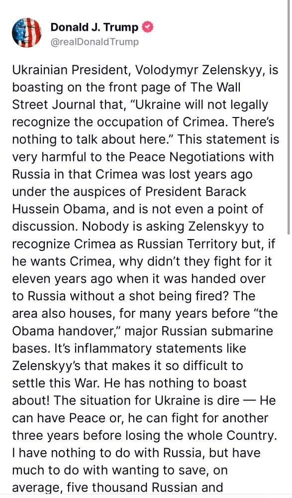 そして、それがあります。トランプは、ロシアのクリミアの違法併合を成文化することに賛成し、プーチンの侵略をゼレンスキーを非難します。