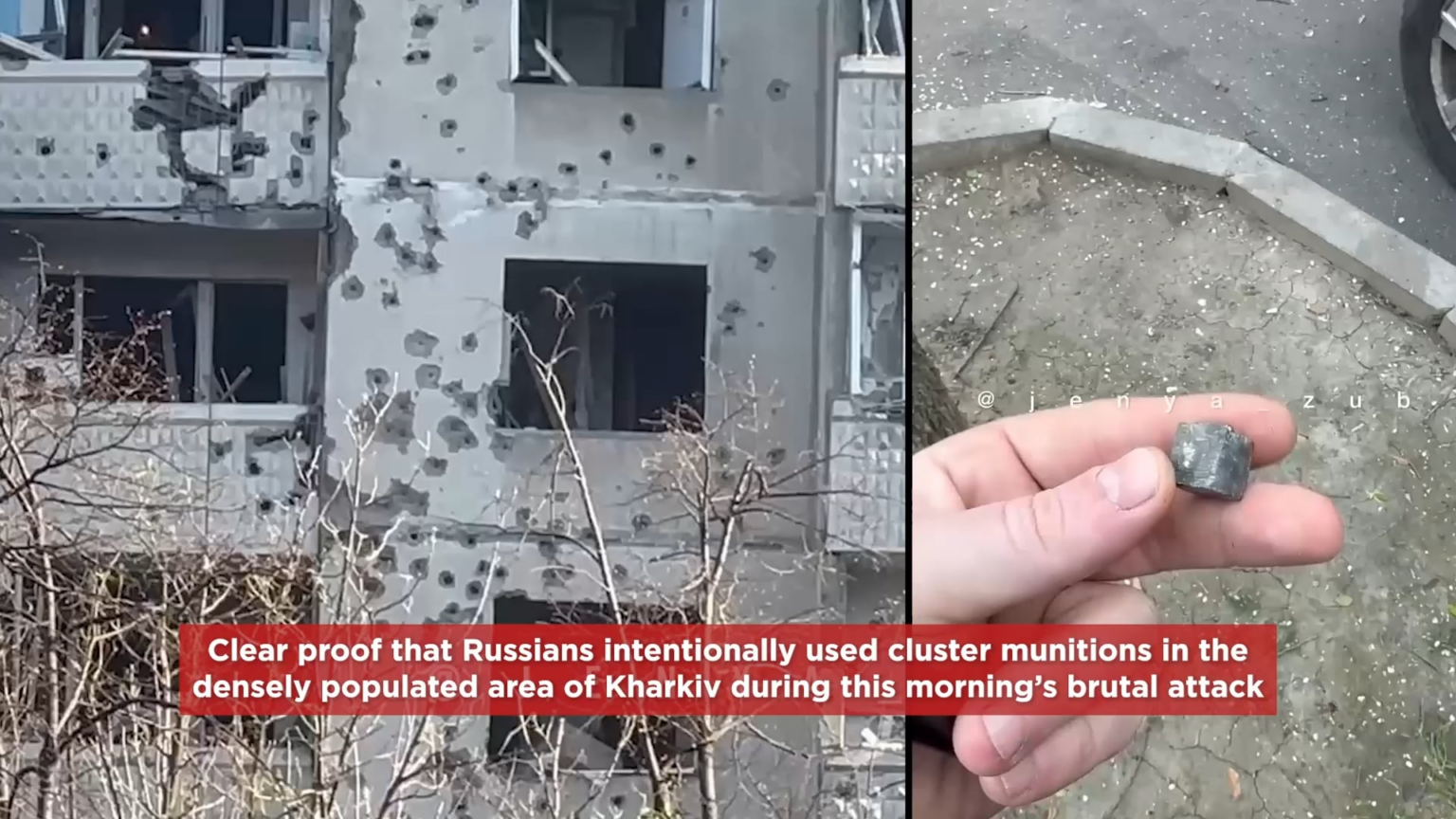 ロシア人が今朝の残忍な攻撃中にハルキフの密集した地域でクラスター弾薬を意図的に使用したという明確な証拠