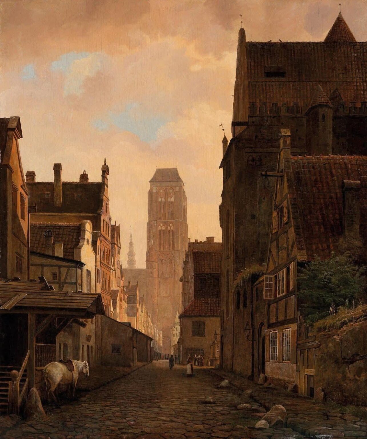 1840年にポーランドのグダニスク（プルシア、プルシア、フォームランツィヒ）のローエンドーヴァストリート（ローレンデルガス）。ヨハンフリードリッヒストックが描いた。