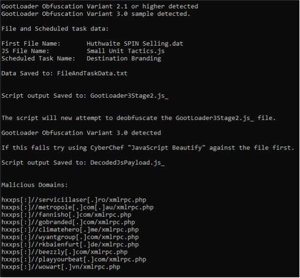Figure 9:  Mandiant’s python script for auto-decoding GootLoader’s JavaScript  displays the output of Are_bengal_cats_legal_in_australia_72495.js 
