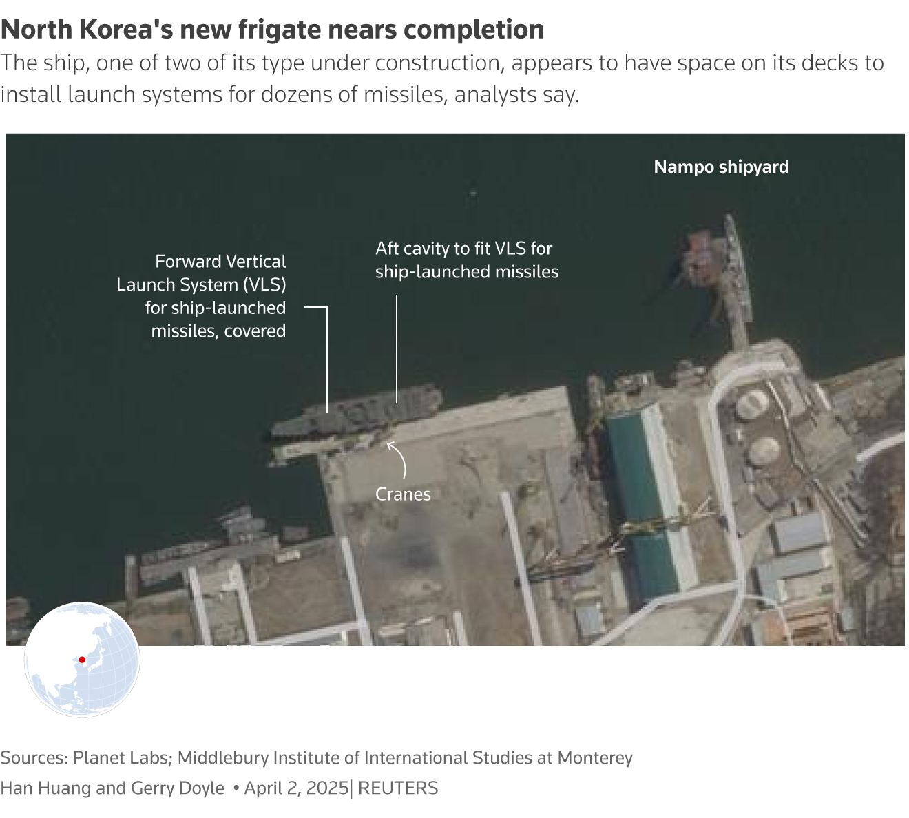 A satellite image shows North Korea's new frigate.