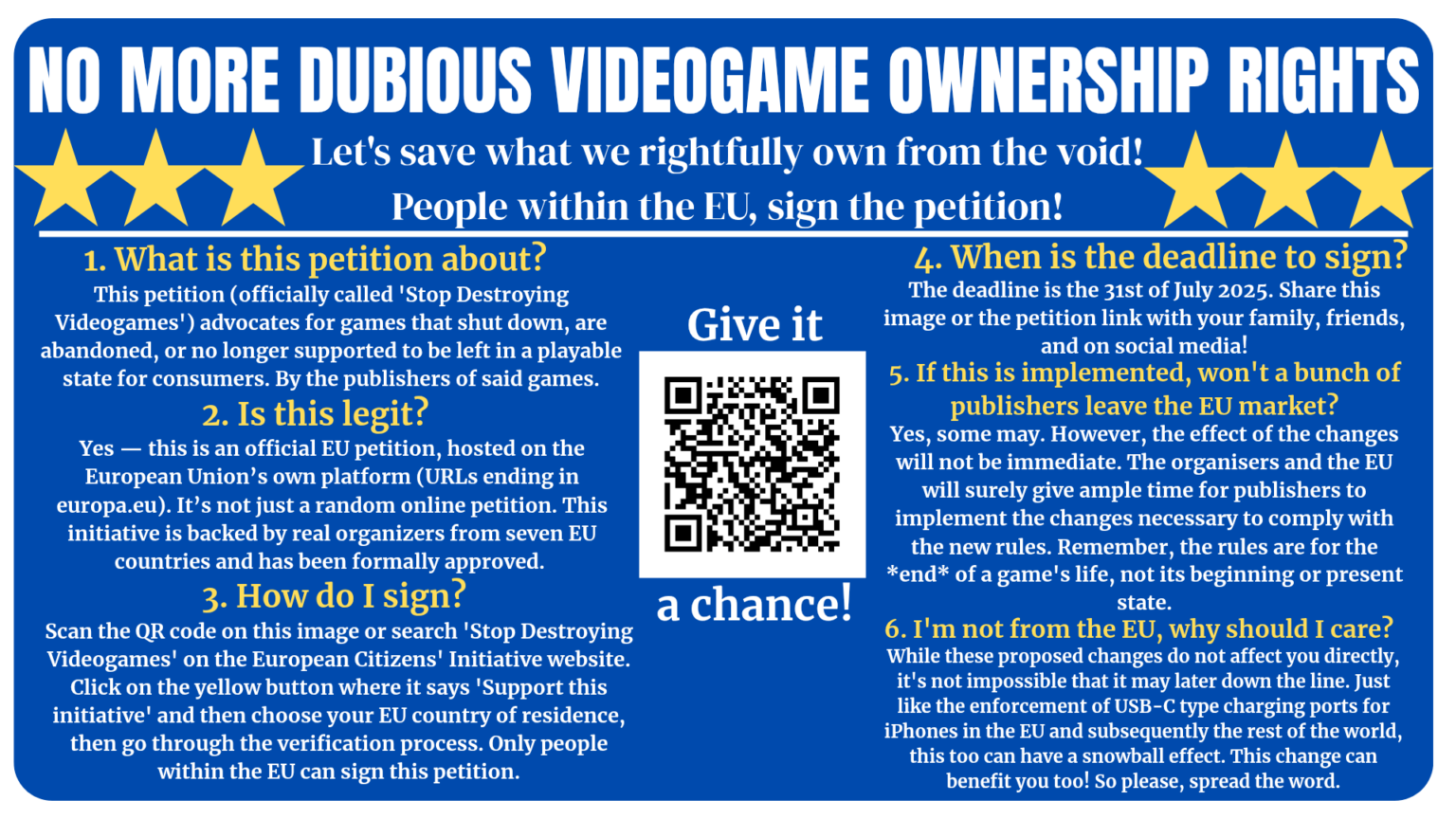 更新：EUイニシアチブ「ビデオゲームの破壊を停止する」は、100万の署名のうち437kにあります！数日前にここに私の最初の投稿から〜10k以上です！それは素晴らしいです！私たちはそれをすることができます！残り数ヶ月があります、私たちの最善を尽くしましょう！