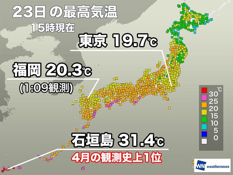 東京都心は10日ぶりに20℃届かず 西日本日本海側は夜中に最高気温