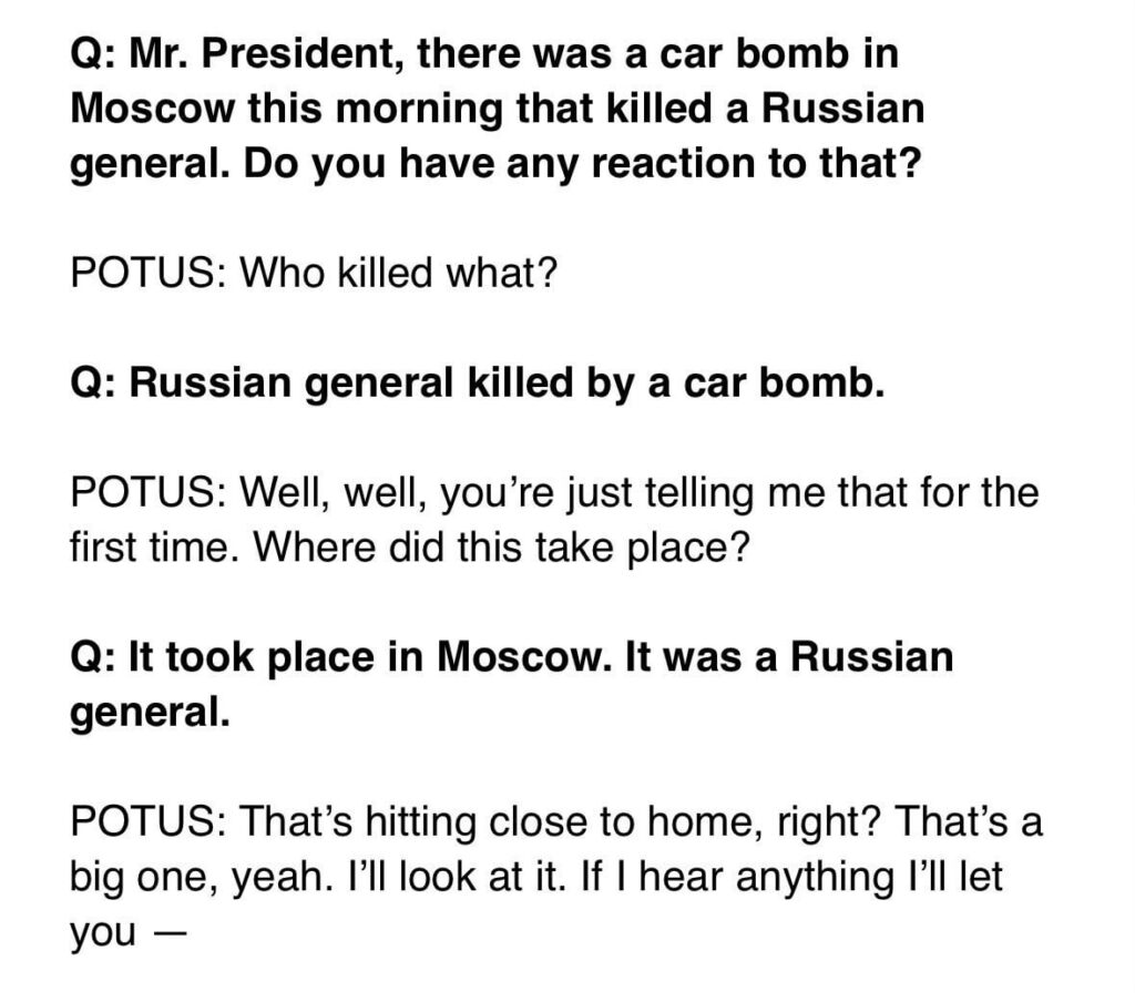 トランプの国家情報局長（DNI）は、世界の問題に関する毎日の概要を彼に提供していますか。彼はロシアの将軍が気化した手がかりを持っていません。