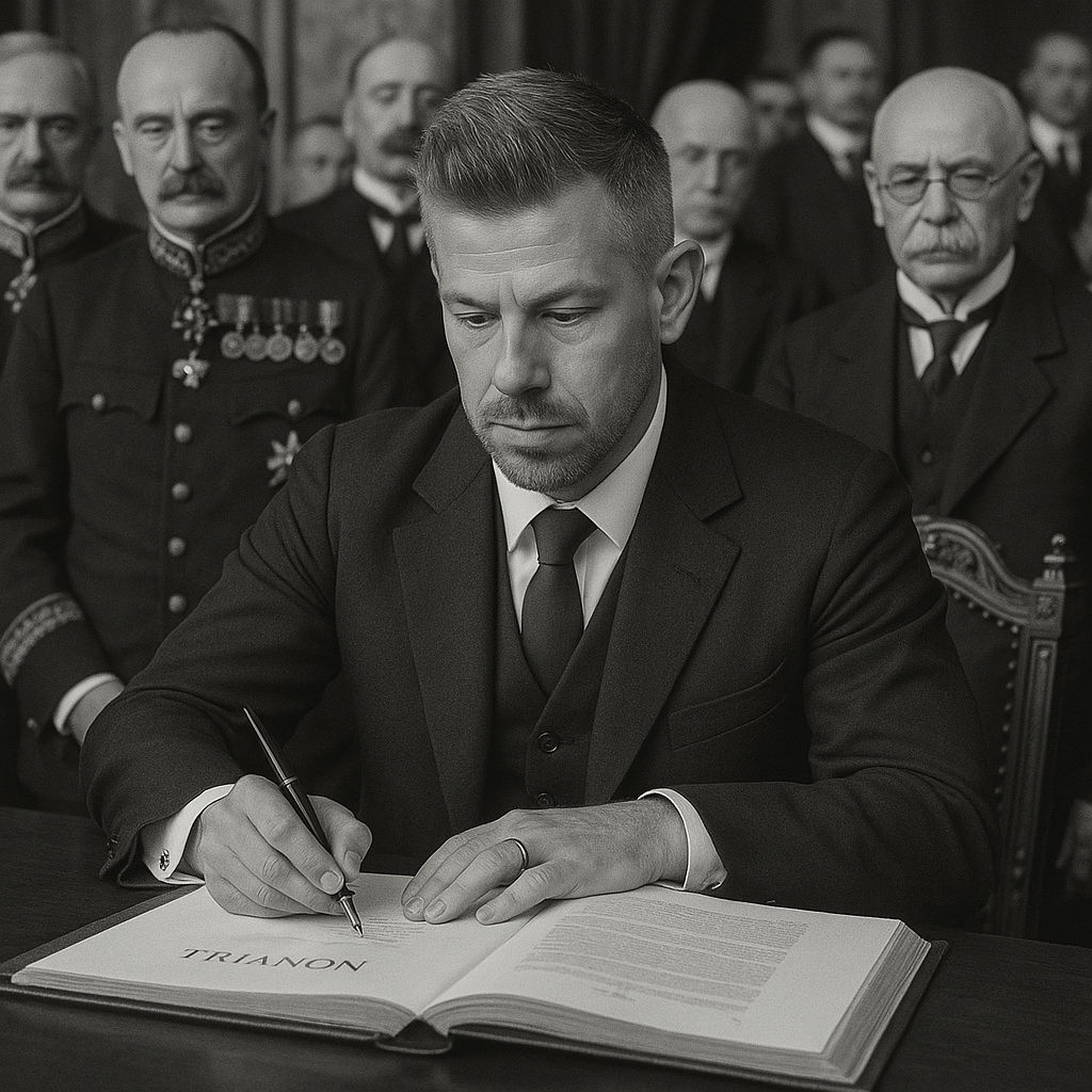 ピーター・マジャールは、トリアノン平和条約に署名します（1920年6月4日、フランス、ヴェルサイユ）