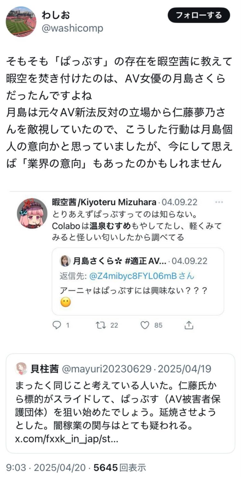 そもそも「ぱっぷす」の存在を暇空茜に教えて暇空を焚き付けたのは、AV女優の月島さくらだったんですよね。月島は元々AV新法反対の立場から仁藤夢乃さんを敵視していたので、こうした行動は月島個人の意向かと思っていましたが、今にして思えば「業界の意向」もあったのかもしれません