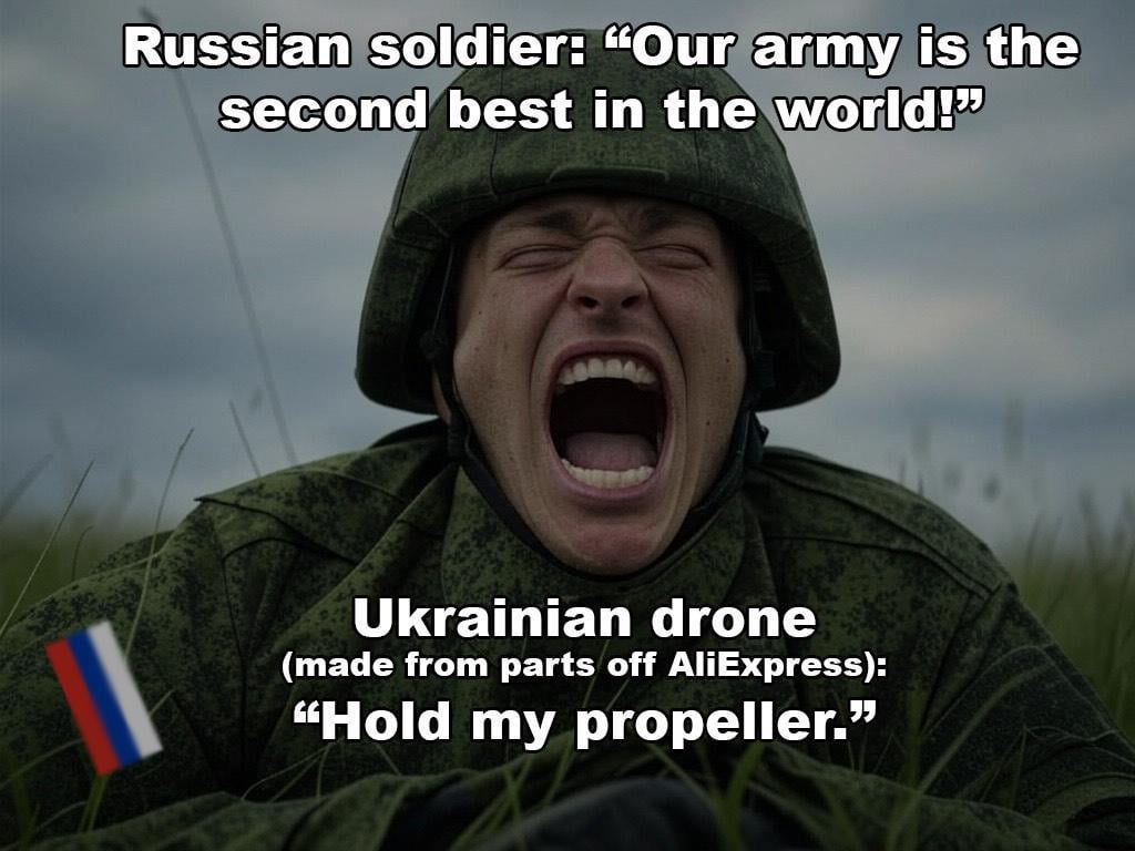 ロシアの兵士：「私たちは2番目に最高です！」ドローンのリモコンとタバコを備えたウクライナの農家：「何で2番目に最高？寄付タンク？」