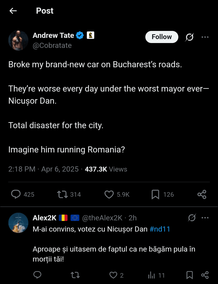 アンドリュー・テイトはnicușor danを批判しています