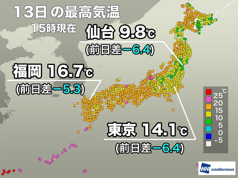 雨の所では少し肌寒いくらいに 東京都心は10日ぶりに15℃届かず
