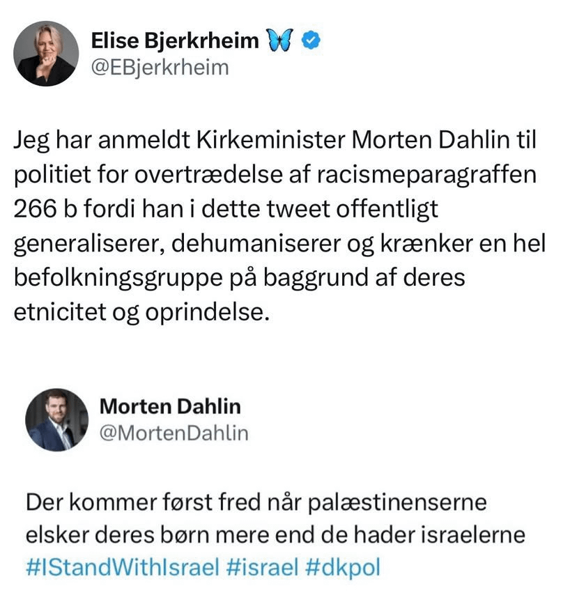 Elise Bjerkrheim（Free Green）は、Morten Dahlin（左）が人種差別条項の違反であると報告しています。