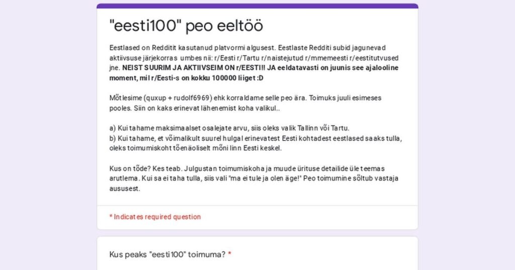 R/エストニアはまもなく100,000人のエストニア人を一緒にします。それは大きくて誇りに思うものです。私たちは、可能性のあるパーティーを組織するための基礎を築きます。調査に答えてください。 1つの質問があり、興奮を続けるためにトピックに戻ってきてください！