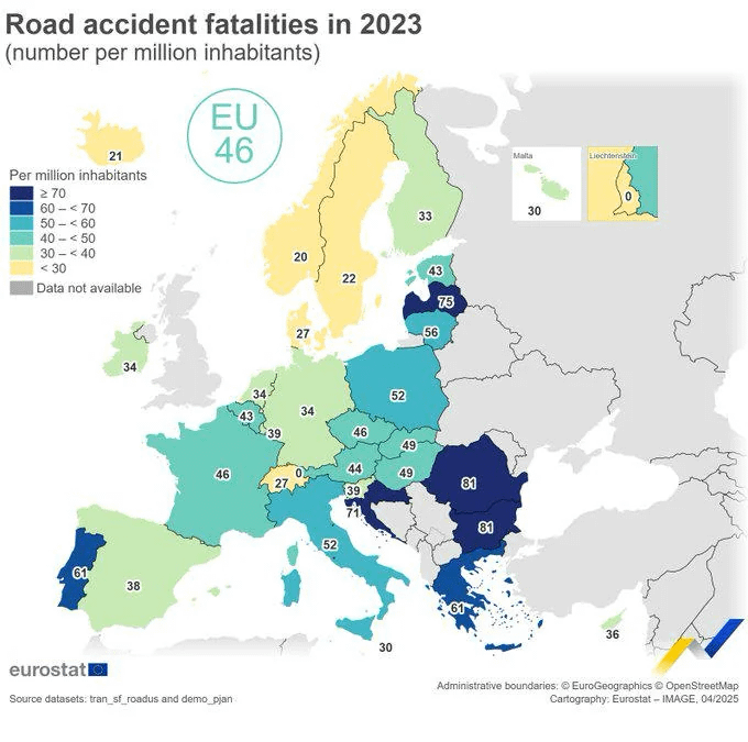 ギリシャは5か国で、2023年に最も致命的な交通があります。この地図は本日、ユーロスタットによってリリースされました。