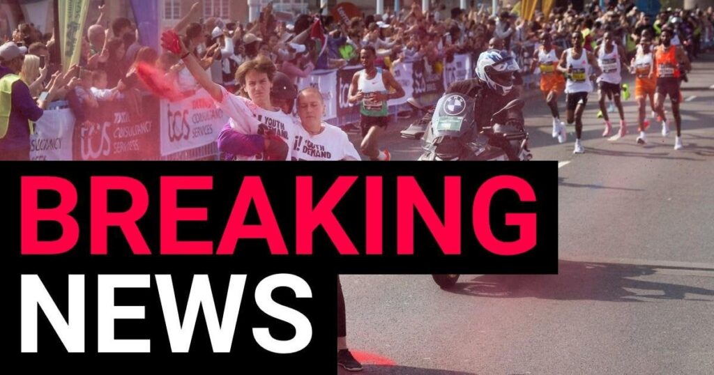 抗議者は、ロンドンのマラソンを赤い塗料で混乱させた後、地面に格闘し、逮捕されました
