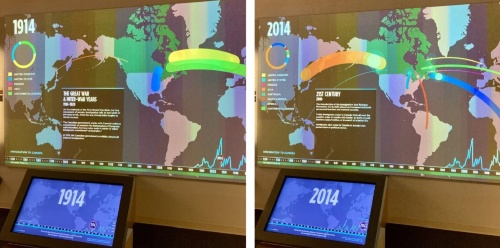 1914年から2010年代までの間に、移民がどこからどれだけ来ていたかを示すスクリーン。21世紀に入るとアジアからの移民が大幅に増えている。 Photo: Nikkei National Geographic Inc.