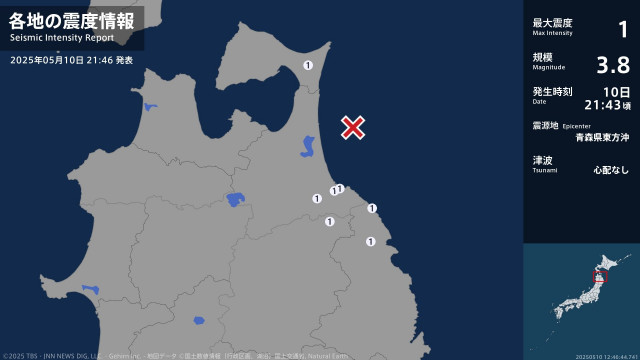 青森県、岩手県で最大震度1の地震　青森県・八戸市、青森南部町、東通村、岩手県・久慈市、岩手洋野町、軽米町
