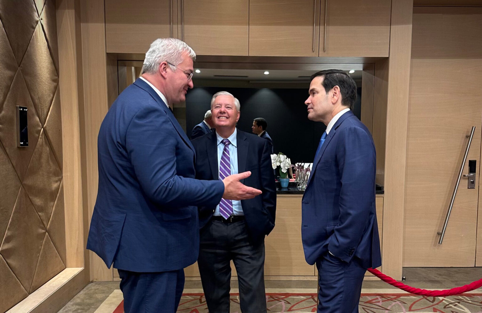 Andrii Sybiha, left,&nbsp;Lindsey Graham&nbsp;and Marco Rubio in Antalya, Turkey, on May 15.