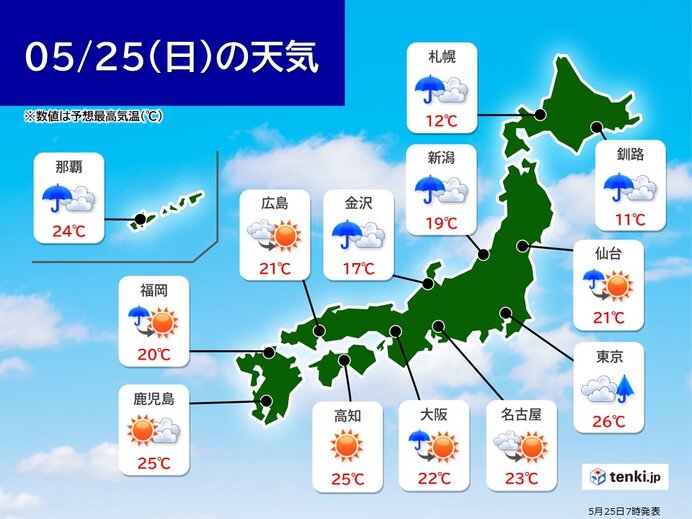 25日(日)は北日本は雨や風が強まる　関東～九州は天気回復も土砂災害に注意