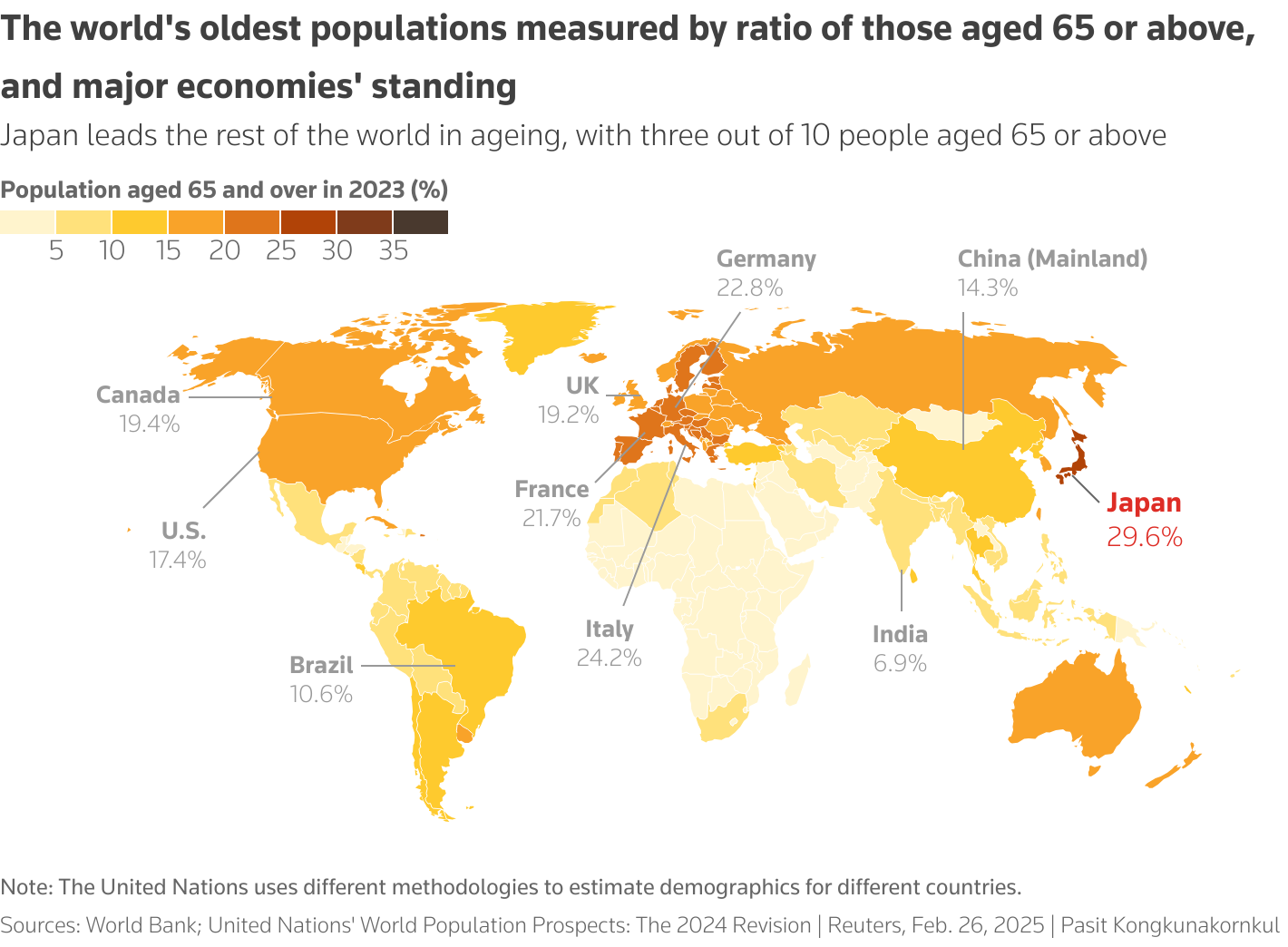 This map depicts the ratio of the population aged 65 and over in 2023 in each country/area of the world.
