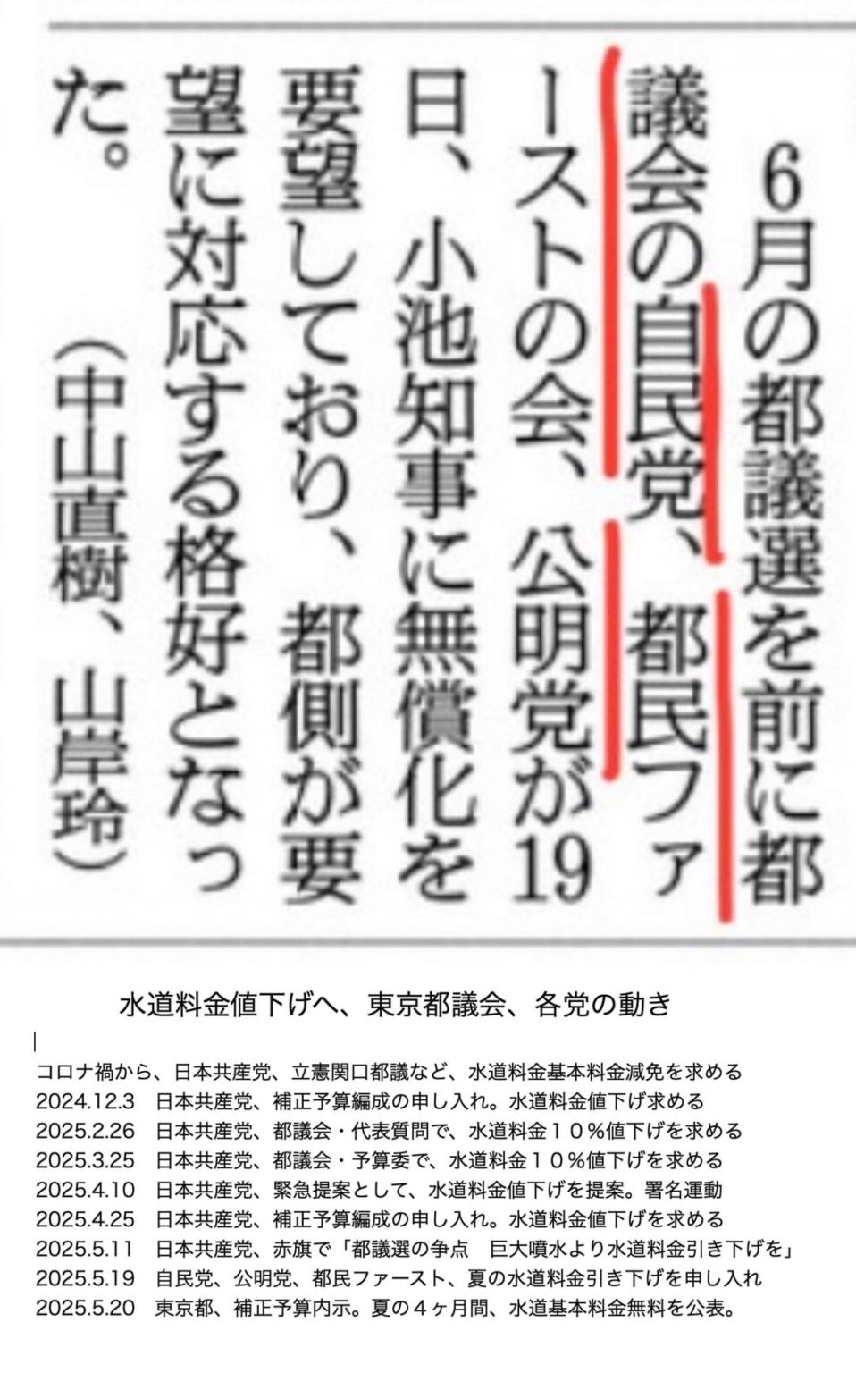 今日の朝日新聞から。小池都知事が水道基本料を夏の4ヶ月無償化すると発表した件。３党に先がけて要望してきた共産党の名を記事に出さぬことに余念がない模様。こういうの、見苦しいですよ。(2枚)