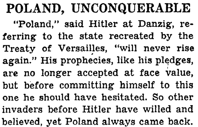 ポーランド、征服不能（NYT、1939年9月24日）