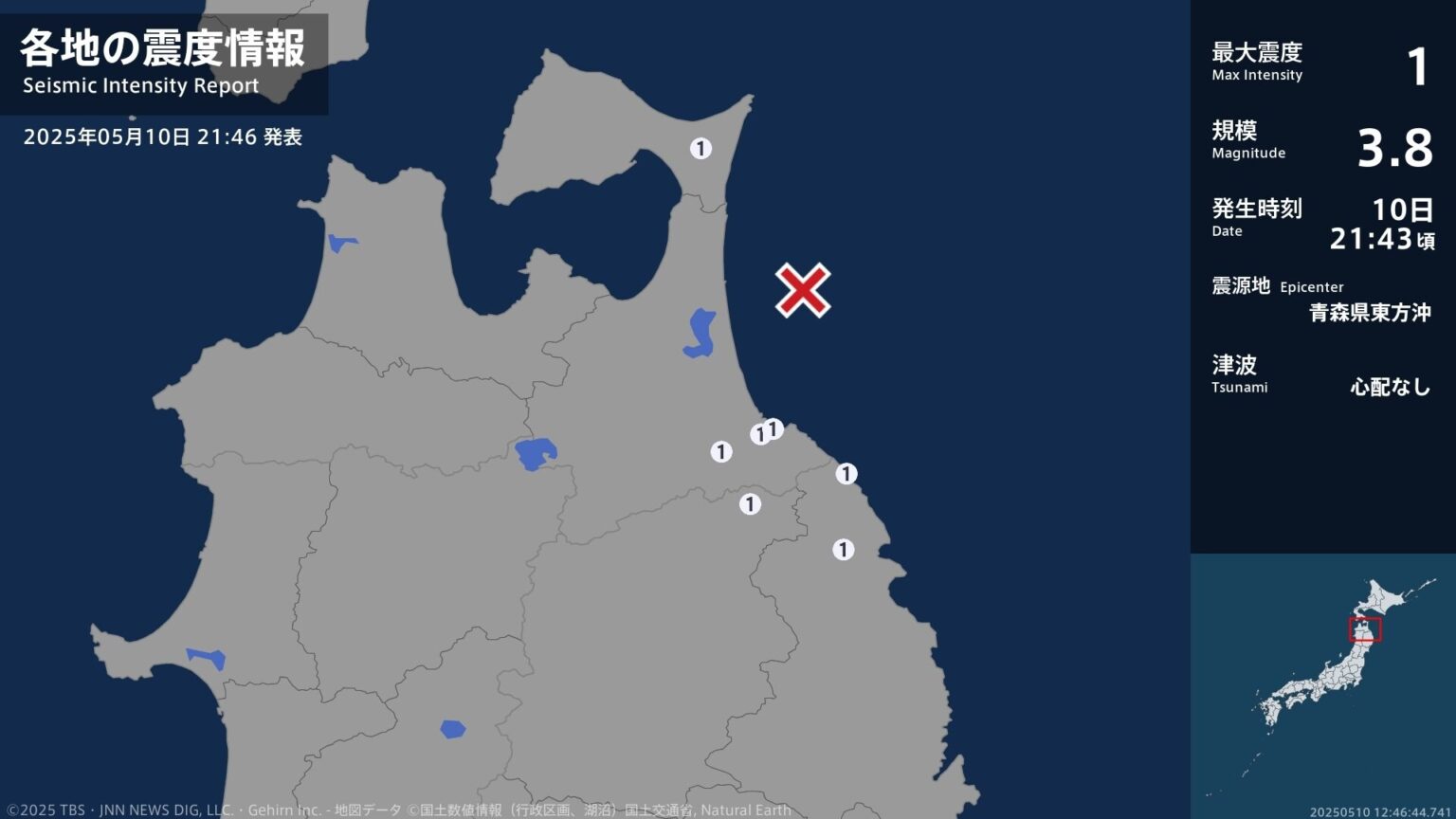 青森県、岩手県で最大震度1の地震　青森県・八戸市、青森南部町、東通村、岩手県・久慈市、岩手洋野町、軽米町（TBS NEWS DIG Powered by JNN）