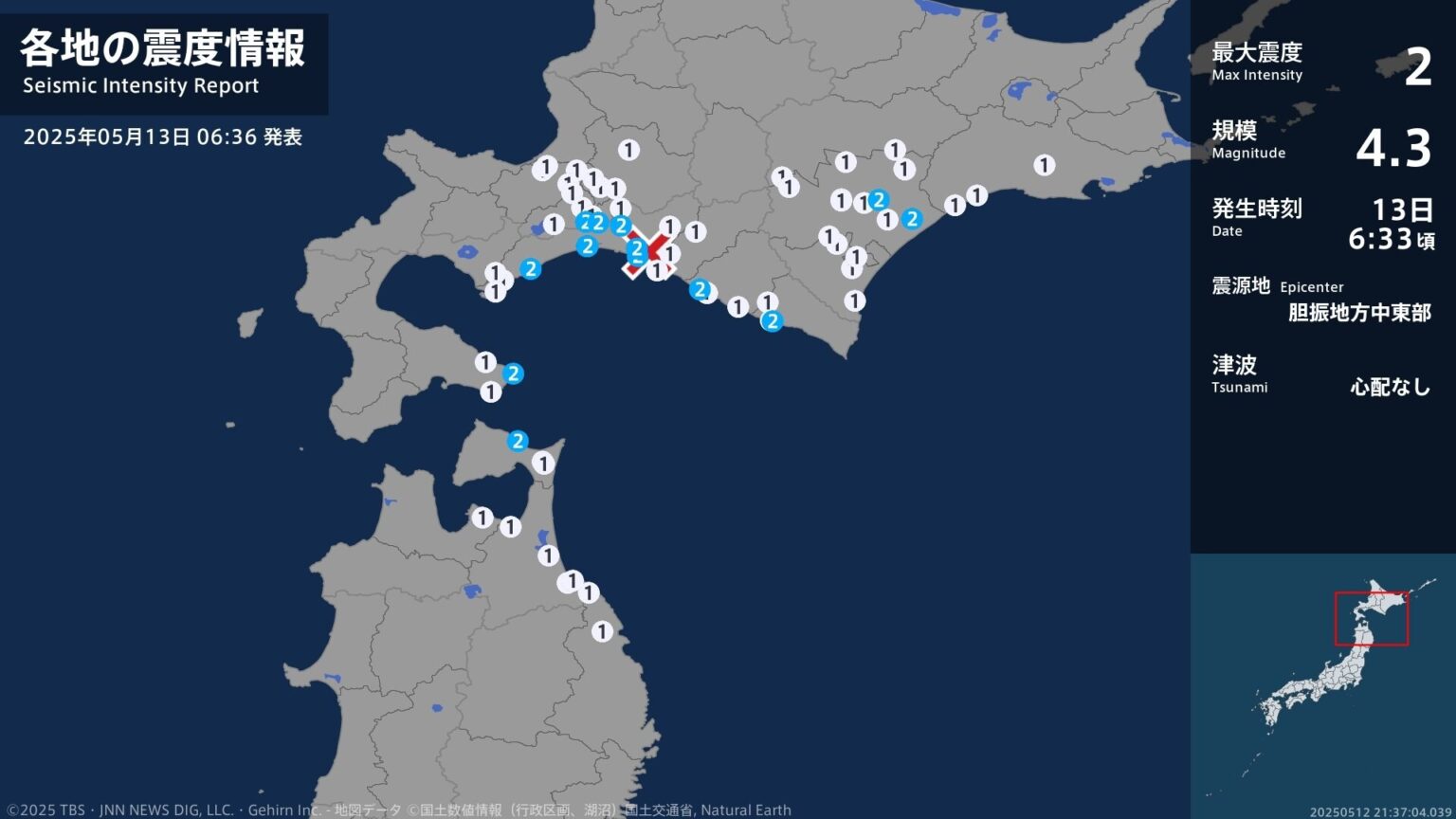 北海道、青森県で最大震度2の地震　北海道・千歳市、函館市、苫小牧市、白老町、厚真町、安平町、むかわ町（TBS NEWS DIG Powered by JNN）