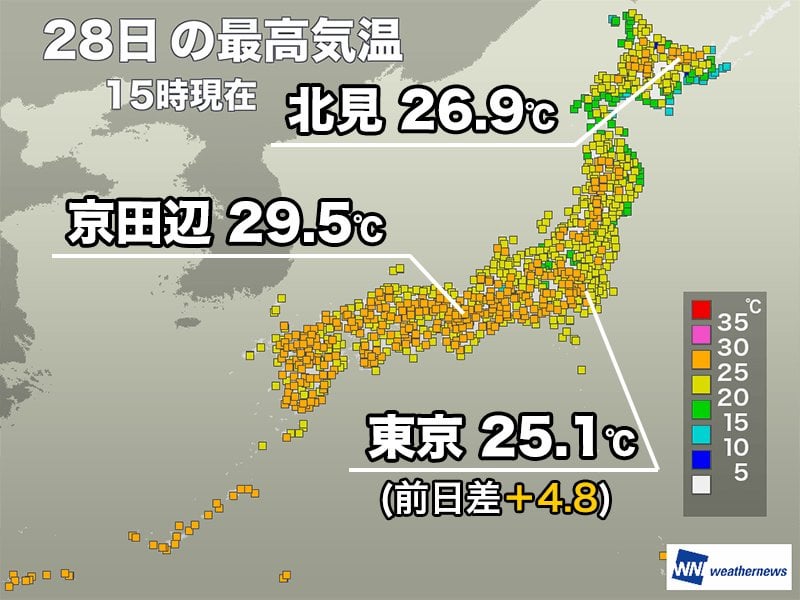 日差し戻った東京都心で6日ぶりの夏日 明日は天気崩れ気温が低下
